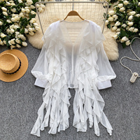 Chemise d'été pour femmes à col en V, manches longues, à volants, ample, fluide, boutonnée, pour le bureau
