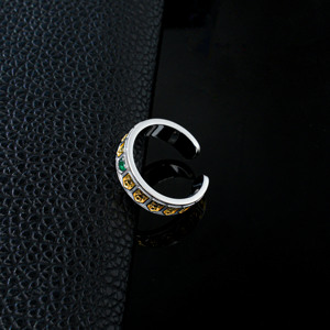 Two-tone S925 <b>Silver</b> Lab Emerald Open <b>Ring</b> for Men Daily Business Wear V - Product Image 3