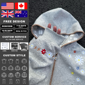 Sudadera con capucha personalizada de algodón de alta calidad con bordado floral, estilo streetwear oversize, Y2K, para hombre, color gris, con cierre de cremallera. - Product Image 2