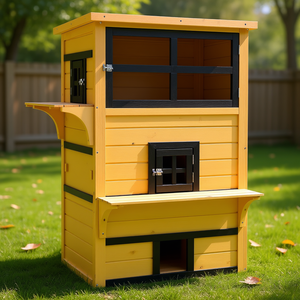 Maison pour chat à 3 étages jaune avec porte d'évacuation, condo extérieur en bois pour chaton, plancher surélevé, toit en asphalte - Product Image 2
