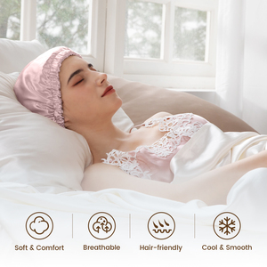 Logo personnalisé <span class=keywords><strong>Bandeau</strong></span> large à haute élasticité <span class=keywords><strong>Bain</strong></span> <span class=keywords><strong>de</strong></span> nuit <span class=keywords><strong>Bonnet</strong></span> double couche en satin <span class=keywords><strong>de</strong></span> soie Grand <span class=keywords><strong>bonnet</strong></span> <span class=keywords><strong>de</strong></span> douche pour femmes - Product Image 4