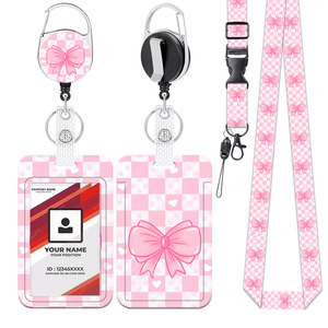 In stock: heavy-duty <b>bow</b>-knot checkered ID badge <b>holder</b>, heavy-duty retractable keychain, webbing, cruise ship lanyard. - Product Image 1