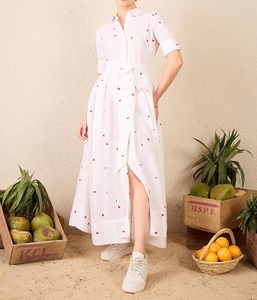 <span class=keywords><strong>Abito</strong></span> Lungo da Donna in <span class=keywords><strong>Lino</strong></span> Bianco <span class=keywords><strong>con</strong></span> Bottoni e Ricamo Cuore Rosso, Maniche Corte e Cintura per Uso Quotidiano - Product Image 3