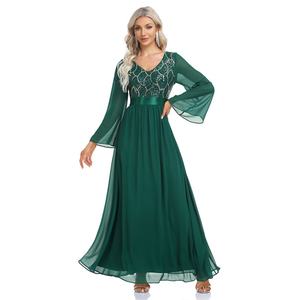 Robe longue en mousseline de soie à sequins pour femme, col en V, taille élastique, robe de soirée pour femme, qualité automne - Product Image 2
