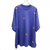 T-shirt long surdimensionné pour homme en coton 100% bleu, tricoté, brodé, séchage rapide, anti-rétrécissement, écologique, patchwork