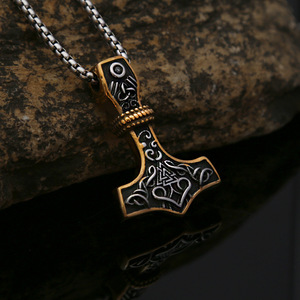 yunnique Thor's Hammer Pendant Stainless Steel Two Tone Gold 60cm <b>Chain</b> Retro Viking Style <b>Men's</b> Necklace Gift - Product Image 1