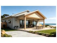 Villa de luxe préfabriquée en acier léger en forme de L, style maison de plage côtière australienne, 3 chambres, 2 salles de bain, à un étage, modulaire, étanche