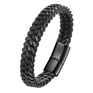 Stylish Genuine <b>Leather</b> <b>Bracelet</b> With 18K PVD Gold Plated 316L Stainless Steel Franco Chain & Magnetic Clasp for Men - Product Image 2