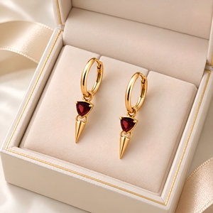 Garnet 925 Sterling <b>Silver</b> Earrings – Gold Vermeil <b>Huggie</b> with Trillion Spike Drop - Product Image 5