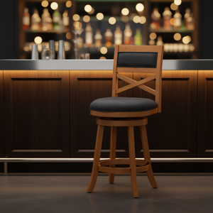 Tabouret de bar pivotant de 24 pouces de hauteur avec dossier en X, en bois naturel et tissu anthracite, mobilier commercial - Product Image 2