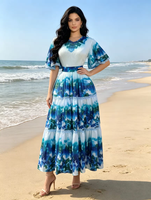 Ventes en gros de robes mi-longues plissées à manches courtes à imprimé floral col en V, robes décontractées élégantes Miyaki, robes pour femmes grandes tailles