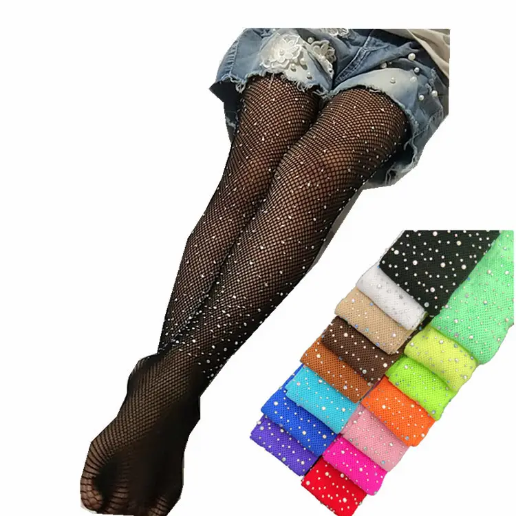 Wholesale fashion socks with diamonds for children Hot drilling fishnet socks hollow socks bling tights/pantyhose for baby girls