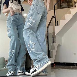 Femmes taille haute jambe large Y2K Denim <span class=keywords><strong>jean</strong></span> esthétique étoile femmes <span class=keywords><strong>jean</strong></span> pantalon filles petit ami coupe ample étoile broderie <span class=keywords><strong>jean</strong></span> - Product Image 6