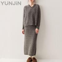 Ensemble tricoté en cachemire et laine pour femme, deux pièces, pull col en V torsadé et jupe, élégant, doux, épais, automne-hiver