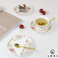 Service à thé en porcelaine florale Trio Rose, Bleu à pois, Violet Pansy, Thé de l'après-midi, Cuillère en filigrane doré, Cerise, Cadeau pour la maison