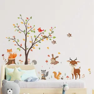 Autocollants muraux en PVC auto-adhésif pour décoration de chambre d'enfant dessin animé animal renard cerf écureuil éléphant arbre chambre d'enfant