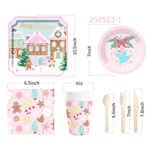 DAMAI Christmas Party Supplies Pink Gingerbread Party Decorations Gingerbread House Cookie Christmas Disposable Tableware Set - Product Image 6