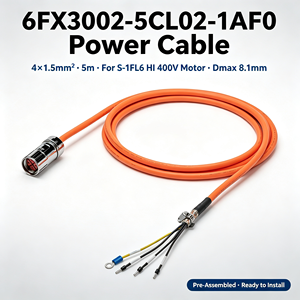 Câble d'alimentation pré-assemblé 4x 1,5, pour moteur S-1FL6 HI 400 V Connecteur sur le côté du moteur Dmax8.1 mm Longueur 5 m 6FX3002-5CL02-1AF0 - Product Image 1