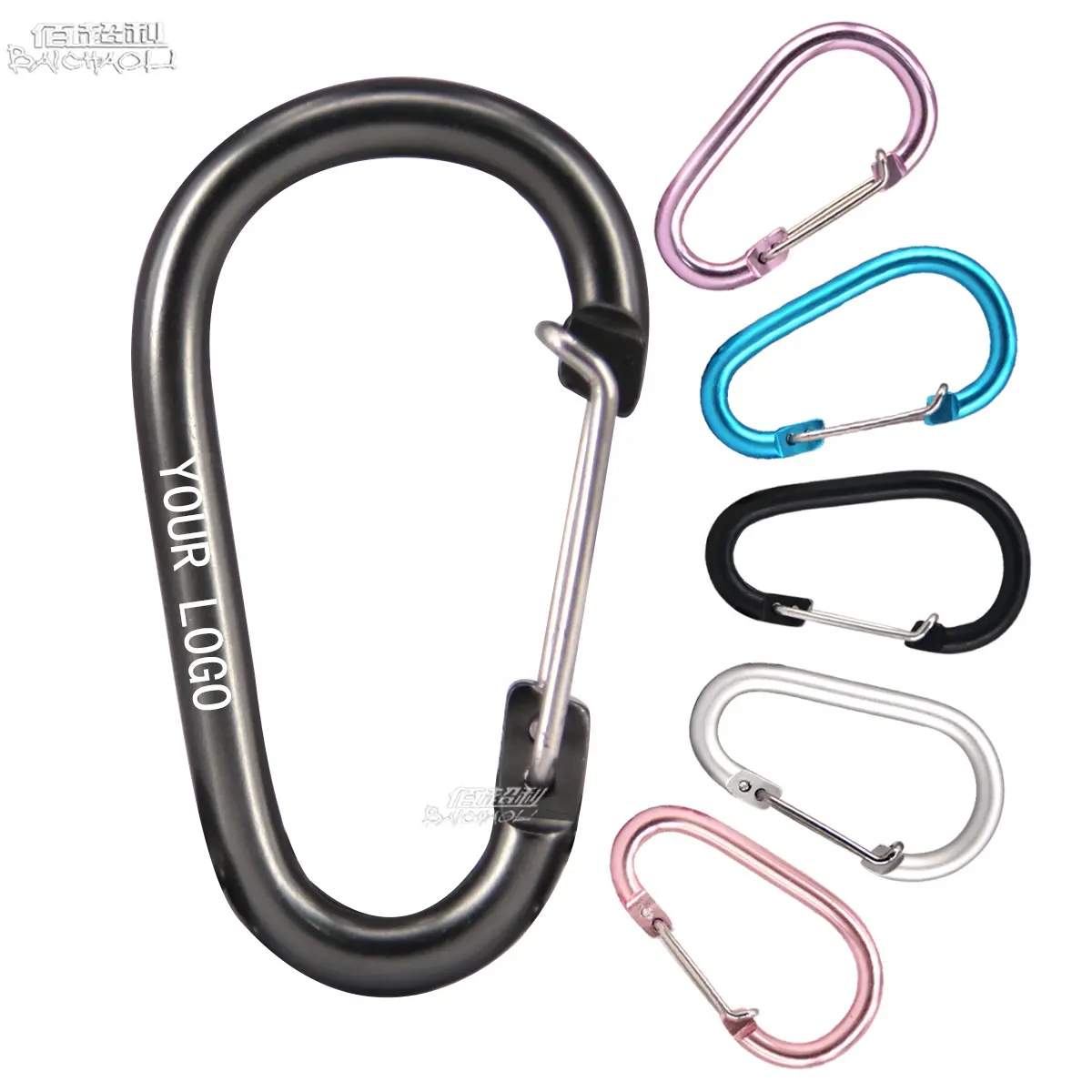 baichao OEM/ODM cheap 6# Aluminum alloy metal black egg shape CLIP spring Wire carabiner hooks for charger/hunting/tent/ball