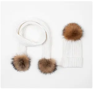 knitwear manufacturer Wholesale winter fur pom pom wool blend sweater knitted kids scarf and hat sets