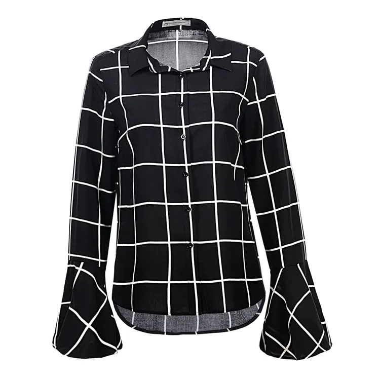 Womens 2022 New Spring Summer Button Down Blouse Ladies Elegant Long Sleeve Plaid Office Wear Shirts Tops with Flare Cuff