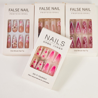 24 Faux Ongles avec Colle Gelée, Motif Fleur et Papillon, Longs Ballerine Française, Capsules à Coller en Acrylique Couverture Complète