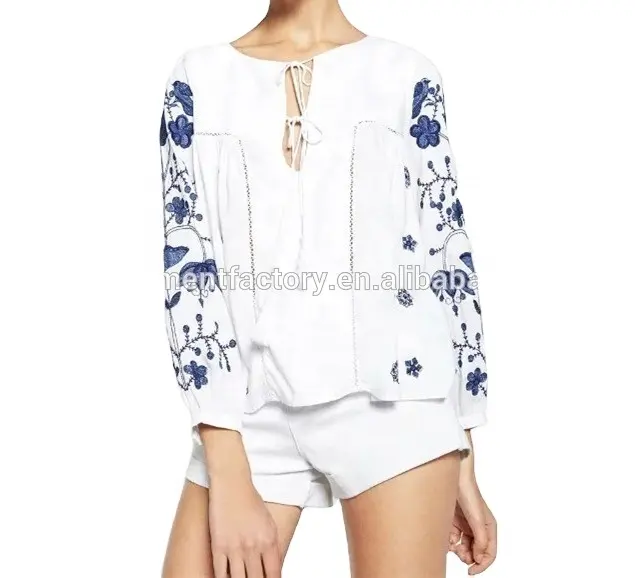 Blusa de algodón con manga larga para verano, camisa con bordado de flores para mujer, cuello redondo, STb-0547