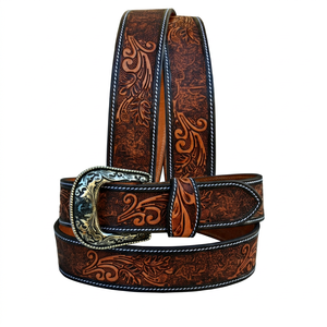 Hand Tooled Genuine <b>Western</b> Leather <b>Belt</b> With Floral Embroidery Alloy Pin Buckle Vintage Style Durable Luxury Feel - Product Image 1