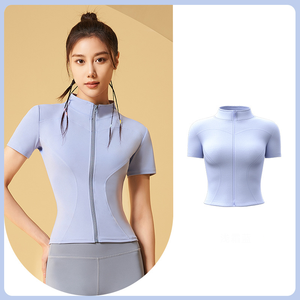 Respirant sans couture sport serré casual Fitness fermeture éclair col montant vêtements à manches courtes luxe Yoga hauts pour femmes - Product Image 4