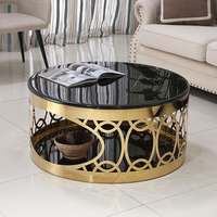 Meubles de salon de luxe, table basse ronde dorée, pieds en acier inoxydable moderne, plateau en verre noir marbré, ensembles de tables basses