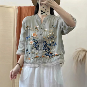 Orange Cotton Linen Short Sleeve Shirt With Embroidery Chinoiserie Pattern Loose Fit Women's Blouse Everyday Wear - Product Image 3