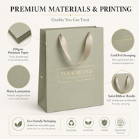 Sac de shopping en papier vert sauge de luxe écologique personnalisé avec poignée en ruban satiné, logo en feuille d'or, fermeture magnétique, matériaux recyclés