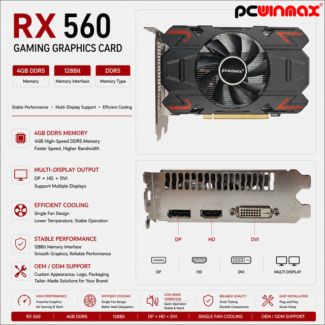 PCWINMAX Graphics Card Radeon RX 560 4GB GDDR5 128Bit Single-Fan PCIe 3.0 Gaming GPU OEM/ODM Wholesale in Stock for Desktop PCs