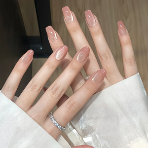 Ongles press-on effet œil de chat nude premium, brillants et neutres, pour un usage quotidien, directement de l'usine. - Product Image 1