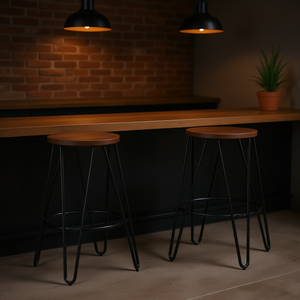 Juego de taburetes de bar Simeon, estructura de metal de 26 pulgadas, asiento de madera, color marrón cacao, negro, muebles de bar modernos e industriales para el hogar - Product Image 2