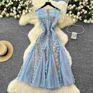 เดรสลำลองทรงเอเข้ารูปปักลายฉลุตาข่ายแบบโรมัน คอโอ แขนกุด สำหรับผู้หญิง ความยาวปานกลาง เหมาะสำหรับฤดูร้อน - Product Image 2