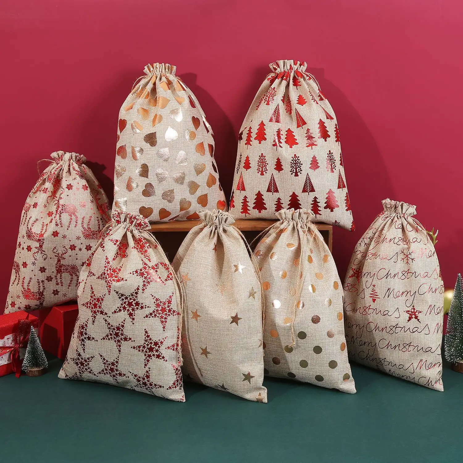 Рождественский подарок джутовый мешок Рождественский Санта мешки на шнурке Подарочная сумка для конфет подарочная упаковка