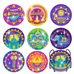 Kit de 8 dessous-de-verre en diamant Huancai pour Diwali, peinture en diamant DIY, dessous-de-verre en diamant pour le festival des lumières, avec support pour les fournitures de fête - Product Image 2
