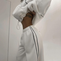 Ensemble de survêtement personnalisé pour femme, rose, épais, avec sweat à capuche court ample zippé et pantalon de survêtement à épaules tombantes