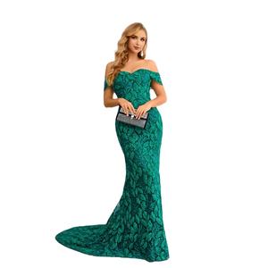 Atacado Mulheres Esmeralda Verde Lantejoula Vestidos De Noite Elegante Folha De Gala Laço Elegante Fora Do Ombro Longo Vestido De Baile - Product Image 2