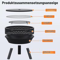 Barbecue rond moderne noir en bois pour extérieur avec grille de cuisson, couvercle, pieds, pique-foyer, sac étanche pour camping, jardin et loisirs