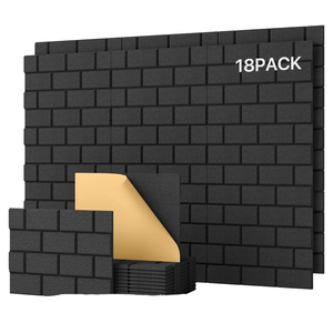 Confezione da 18 Pannelli Acustici Neri ad Alta Densità Autoadesivi a Mattoni Insonorizzanti da Parete per Home Studio Moderni per Uso Esterno e Soggiorno - Product Image 1