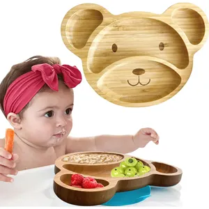 Placa de bambu reutilizável para bebês, conjunto de placas de alimentação divididas para bebês, em forma de urso, animal reutilizável