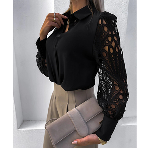 Camicie e Top da Donna Nuova Moda Europea <span class=keywords><strong>con</strong></span> Bottoni, <span class=keywords><strong>Pizzo</strong></span> Traforato, Patchwork, Maniche Lunghe, Tinta Unita, Blusa Casual da Donna - Product Image 3