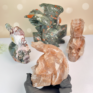 Calaveras de Cristal Talladas a Mano y Cuarzo de Fuego con Águila, <span class=keywords><strong>Jaspe</strong></span> Oceánico, Piedra de Sangre Africana, Técnica de Grabado para Colección y Decoración del Hogar - Product Image 1