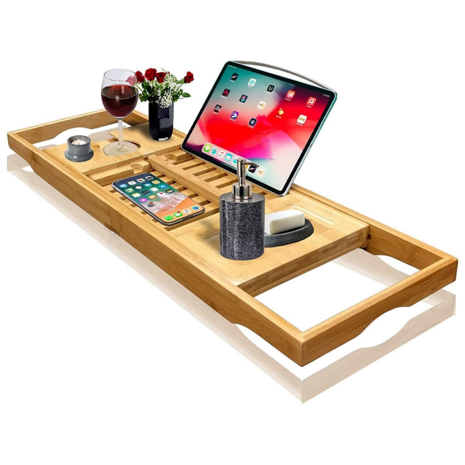 Wood Bamboo Luxury Bath Caddy for Your Book, Tablet or Smartphone - Bathtub Tray with Extending Arms