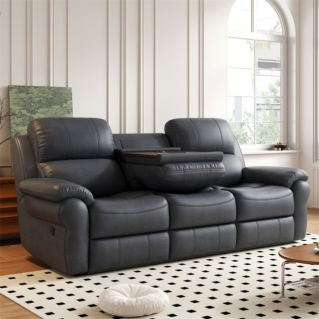 Customization Luxury Living Room Breathable Fabric Manual Reclining Sofa Couch 3 Seat with Drop Down Table USB Wireless Charger