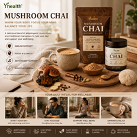 Chai aux champignons avec 6 champignons adaptogènes pour une meilleure énergie, concentration, digestion, immunité : Crinière de lion, Queue de dinde, Shiitake, Reishi