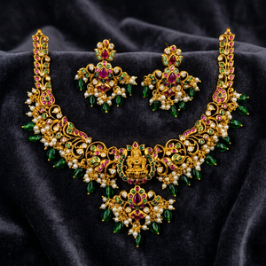 PingBiing Luxury Lakshmi Temple AD Polki <b>Necklace</b> Set with <b>Ruby</b> Emerald Pear Cut Gold Finish Bridal Wedding Jewelry Women - Product Image 3
