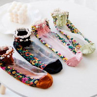 Bonne affaire broderie fleurs chaussettes dentelle transparente maille perle perles verre chaussettes Net fil mince femmes gaze